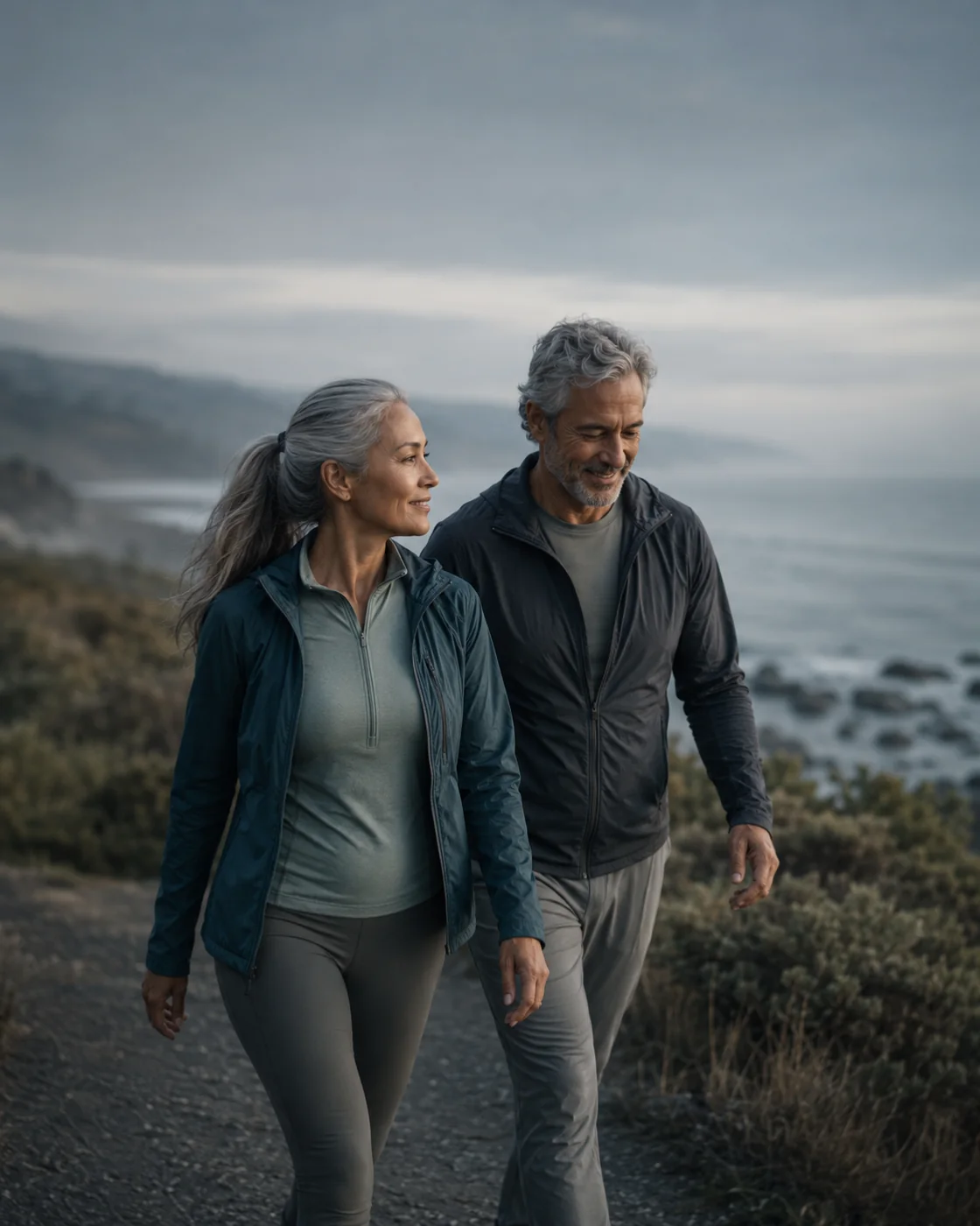 Active adults walking together near the coast