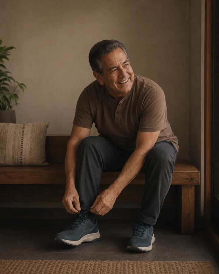 An older adult preparing for a walk at home