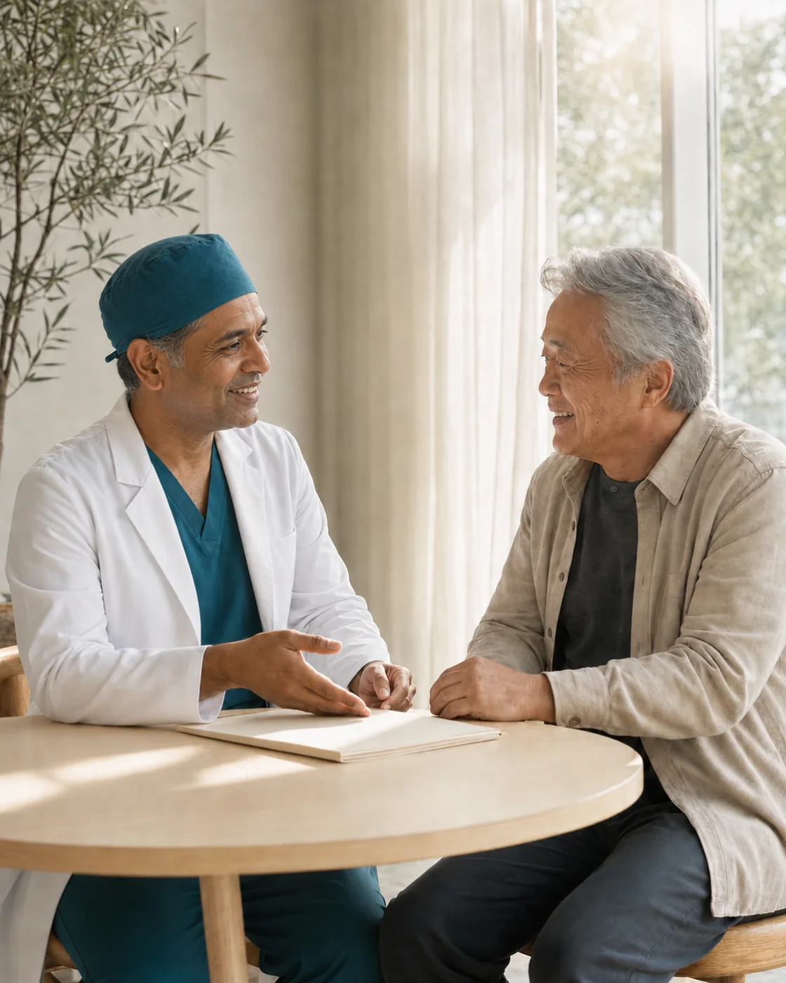 Cardiac specialist listening to an adult considering heart surgery