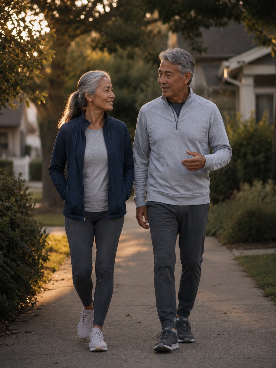 Active couple walking together in their neighborhood