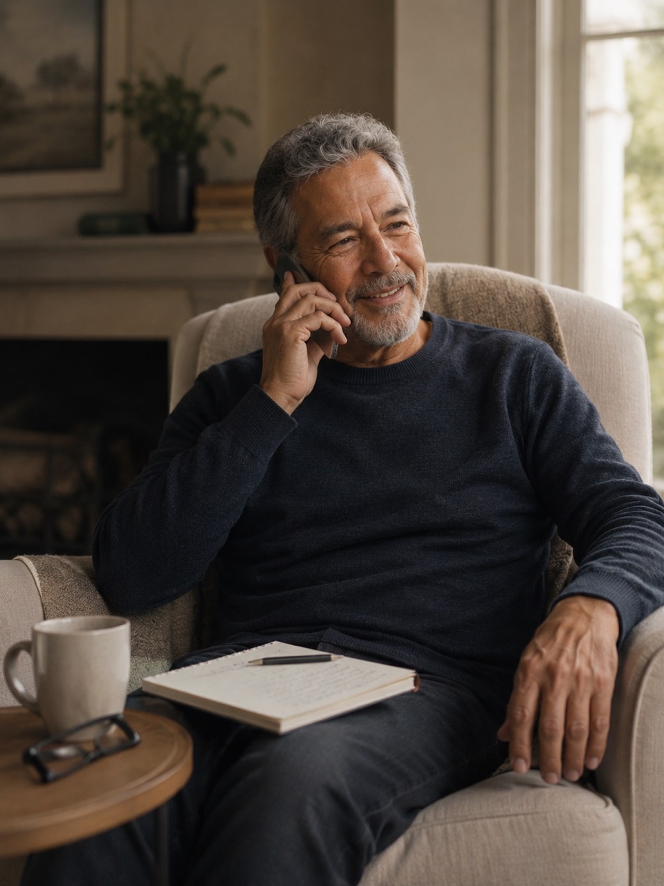 A man speaking on the phone at home