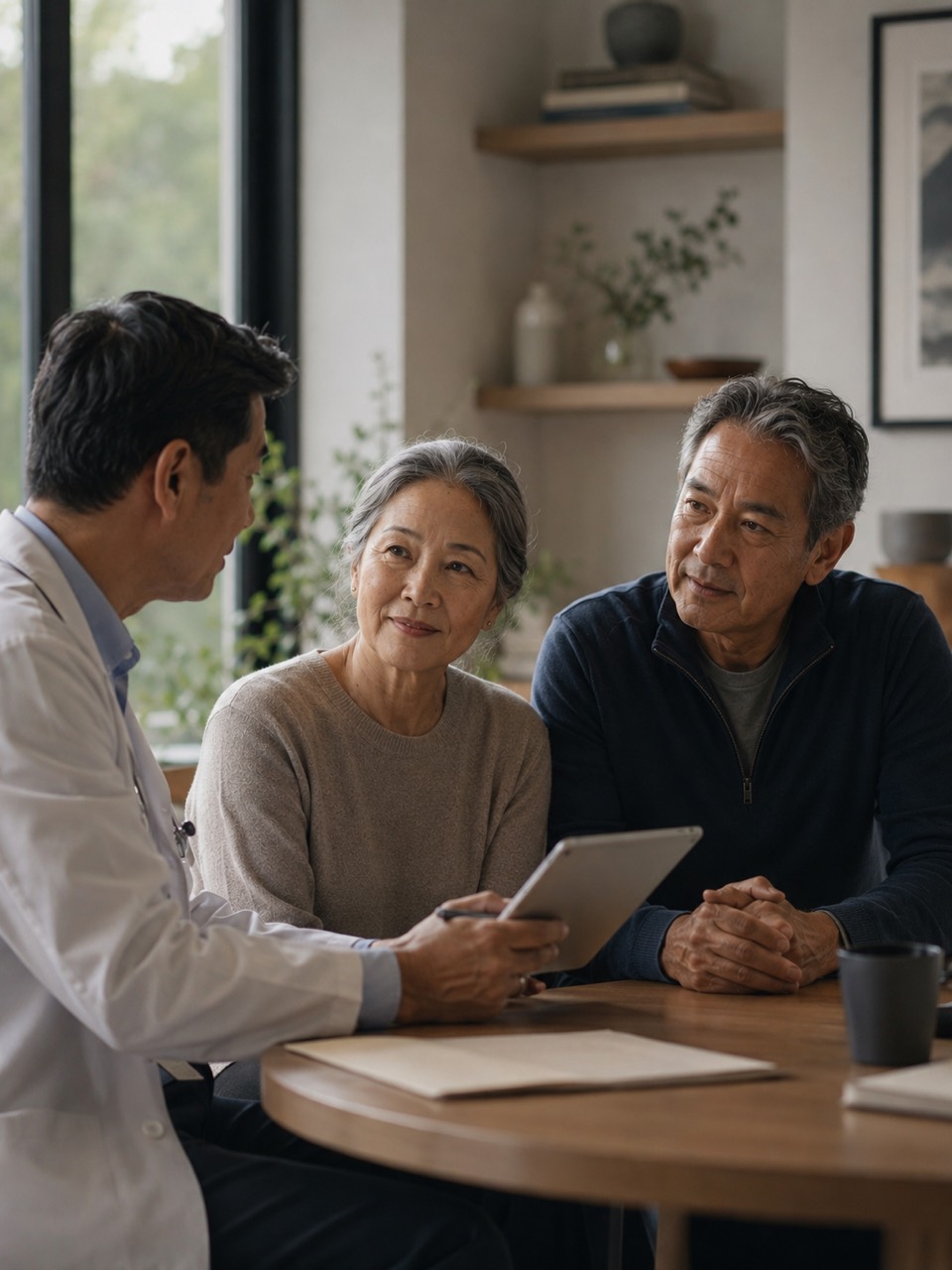 Physician reviewing health information with a couple during an at-home consultation