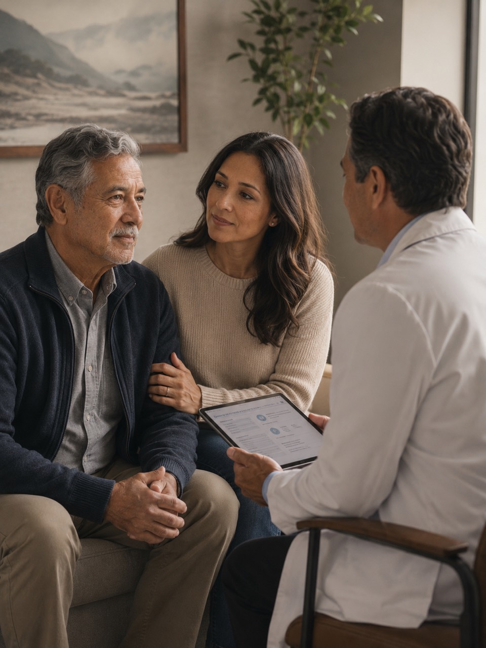 Physician discussing medical results with a patient and family member