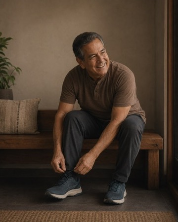 A person staying active at home after a health decision