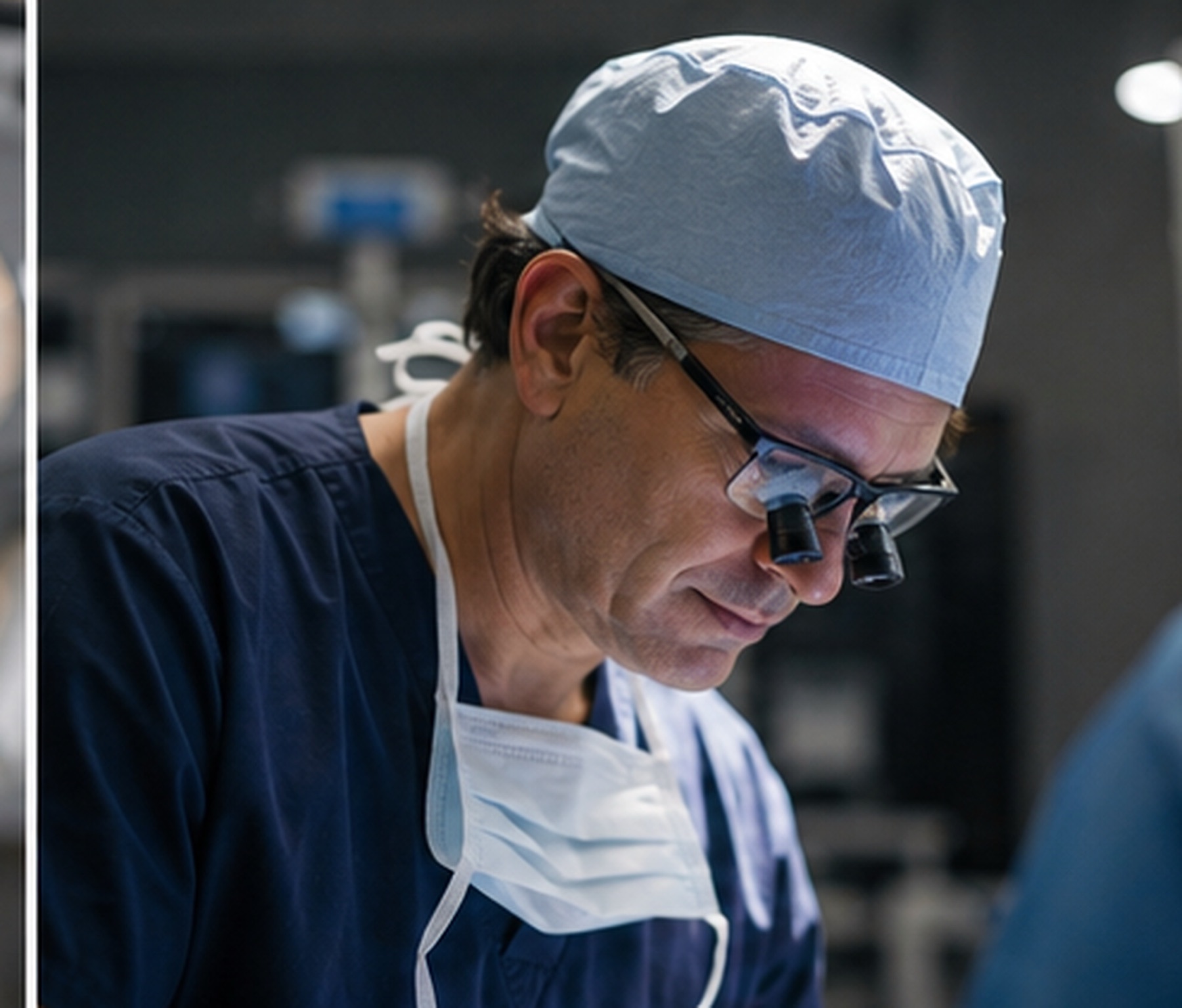 Cardiac surgeon operating with surgical loupes